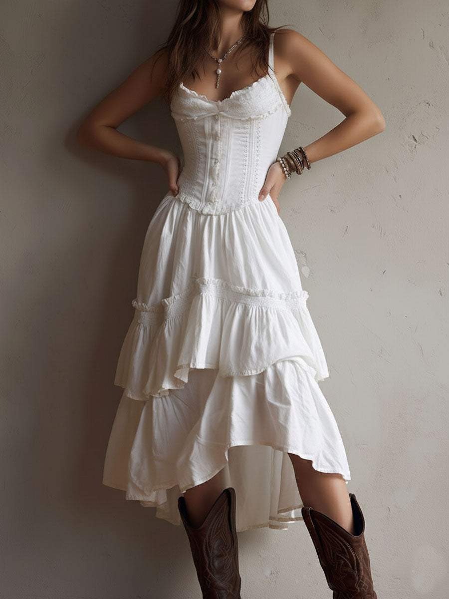Abito Midi a Strati Boho Retrò con Corsetto e Bordo in Pizzo