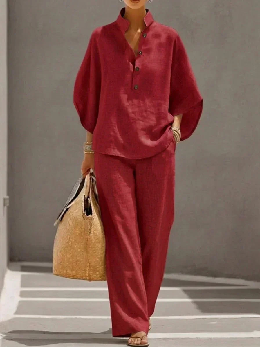 Maribel™ | Completo in lino con maniche a pipistrello e pantaloni larghi