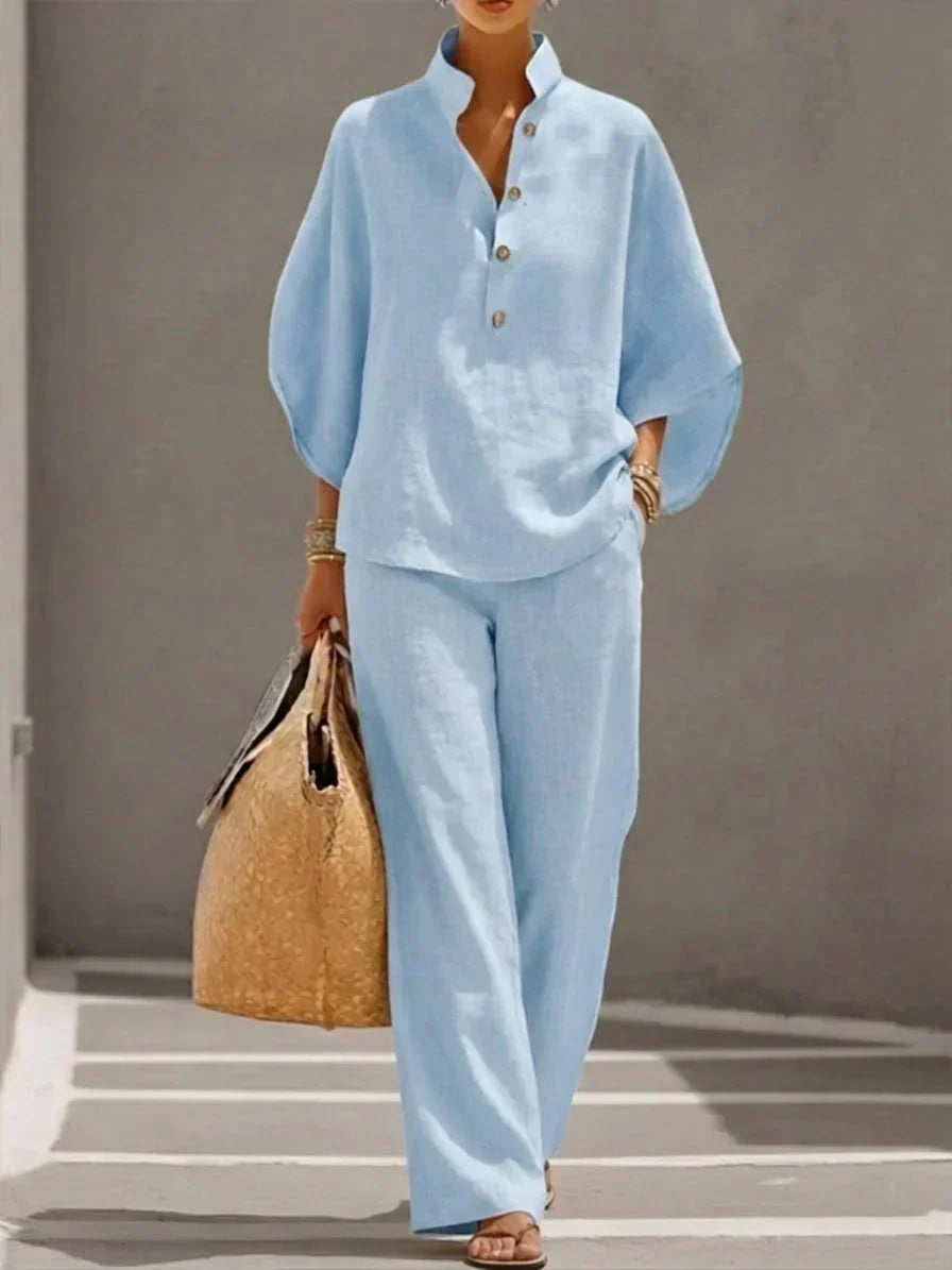 Maribel™ | Completo in lino con maniche a pipistrello e pantaloni larghi